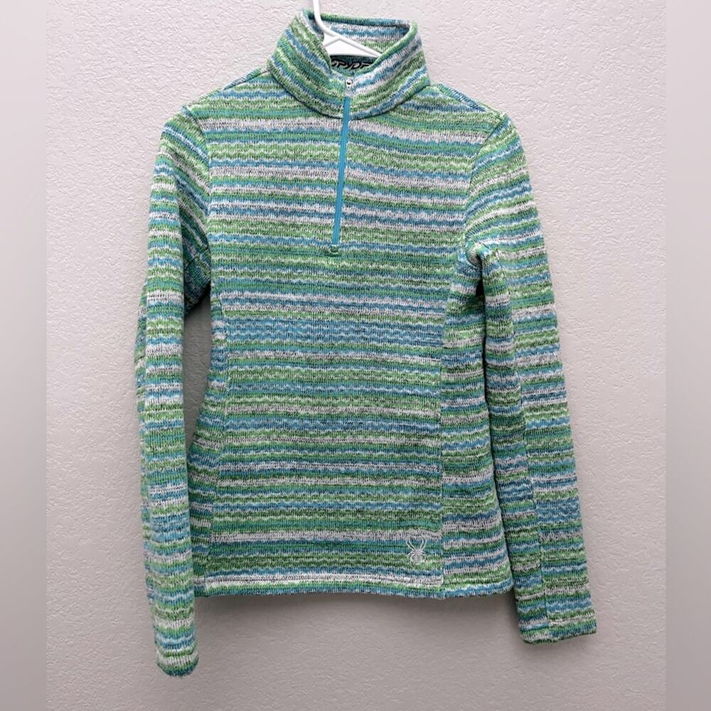 Spyder Women’s Size 6 Green Striped 1/4 Zip Fleece Sweater Chevron Outdoor Ski